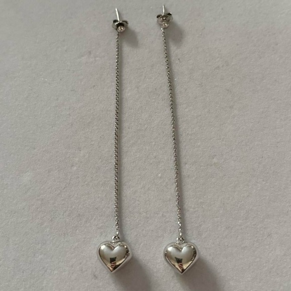 Jewelry - 925 Sterling Silver Dangly Dainty Chain with Puffy Heart Charm Earrings